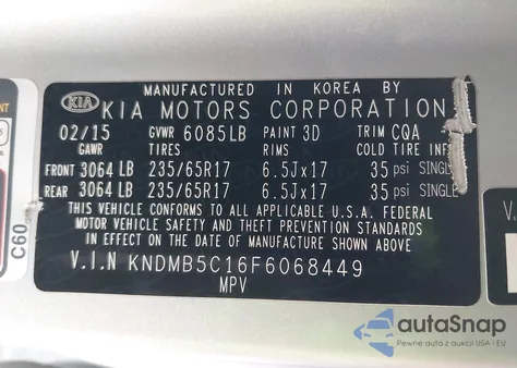 2015 Kia Sedona Lx из США, поврежденный, VIN KNDMB5C16F6068449